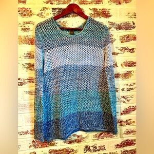 Ellee Open Weave Ombré Color Block Blue Crochet Knit Sweater Long Sleeve Sz L